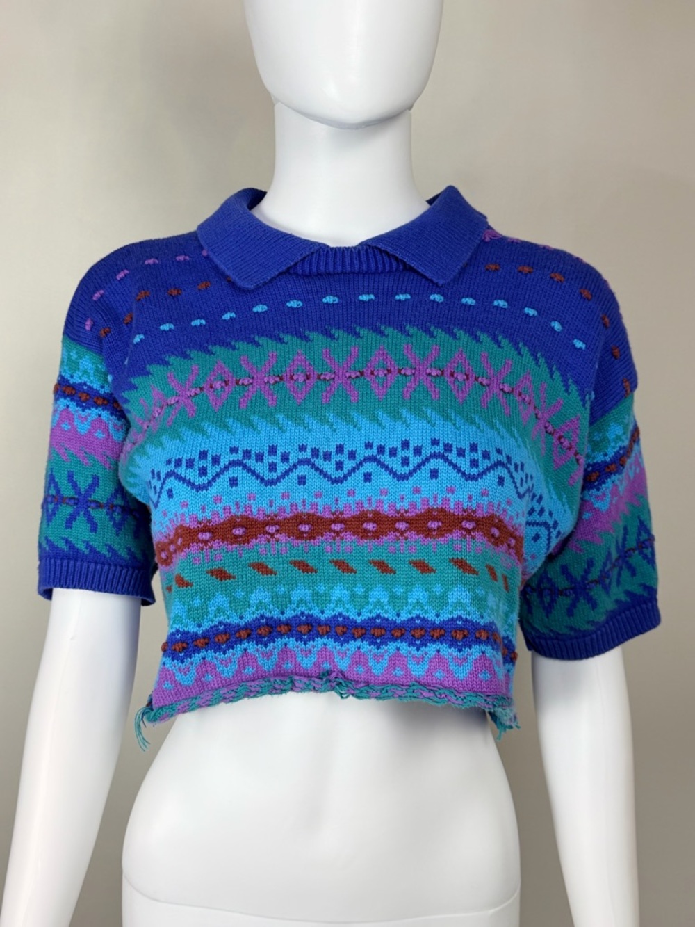 Vintage 80s Beldoch Popper Cropped Knit Sweater Polo Colorful Small